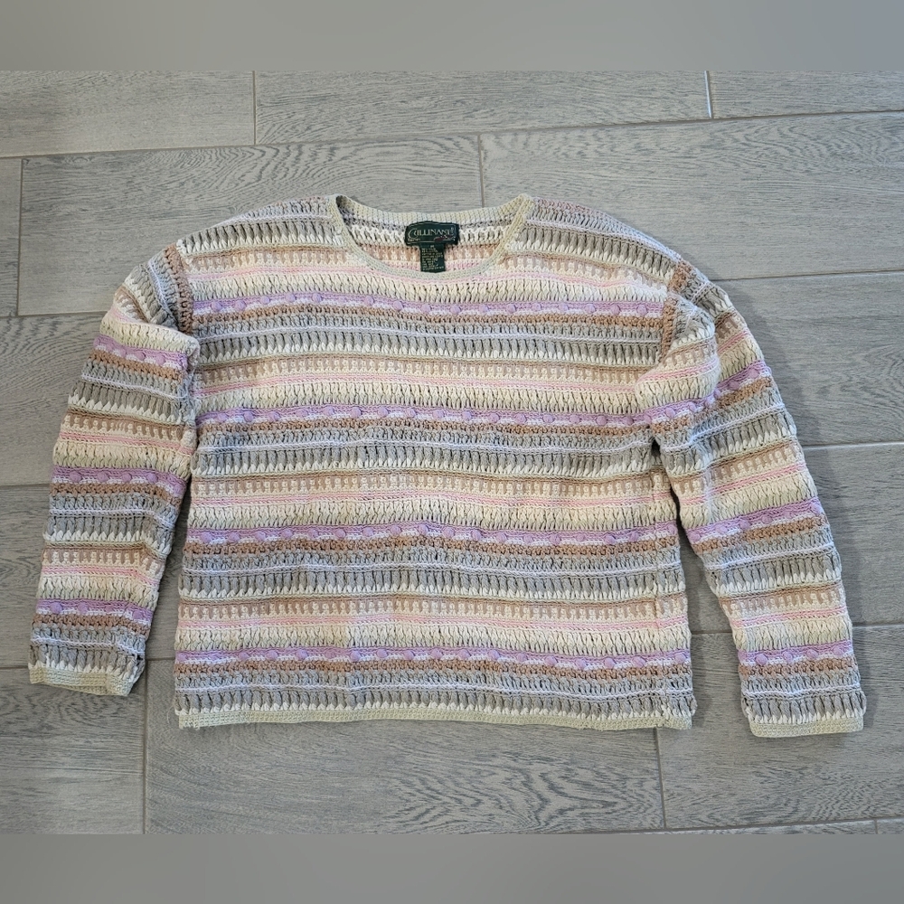 VTG Jennifer Reed Cullinane Striped Hand Knit Chunky Artsy Sweater Granny Size M